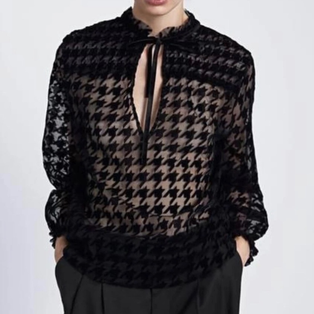 Zara Black On Black Velvet Burnout Houndstooth Sheer Blouse